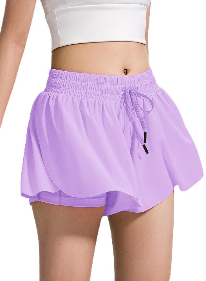 BOOPH Girls Flowy Butterfly Shorts Athletic Shorts Girls with Inner Pockets for Running Tennis Light Purple 13-14Y - Image 1